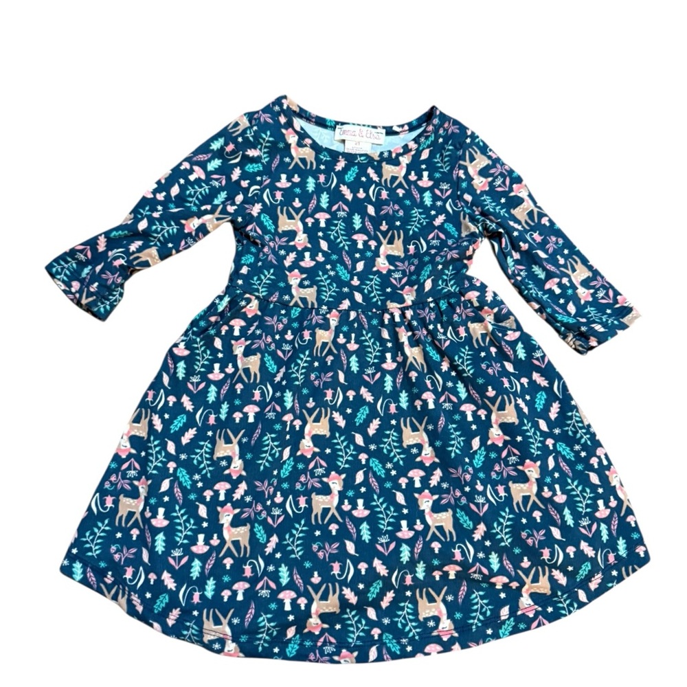 Emma & Elsa Blue Deer Mushroom Floral Theme A-line Toddler Girl Dress Winter 2T‎